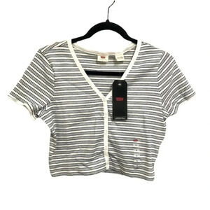Levi's Plein Air Strip Gema Button Front V-Neck Ribbed Crop Tee Size Large NWT